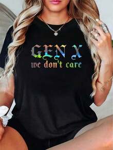 1 pieza de camiseta estampada para mujer, top casual de manga corta con estampado de texto colorido "Gen X We Don't Care", adecuada para salidas diarias y vacaciones, 180g Algodón 100%. - Negro - Ver 5