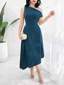 Vestido de mujer elegante de unicolor con bajo asimétrico - Azul - Ver 4