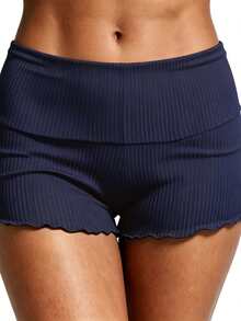 Women Summer Ribbed Shorts Casual Lettuce Trim Fold-Over Waist Elastic Shorts Pants for Beach Club Streetwear - Azul - Ver 2