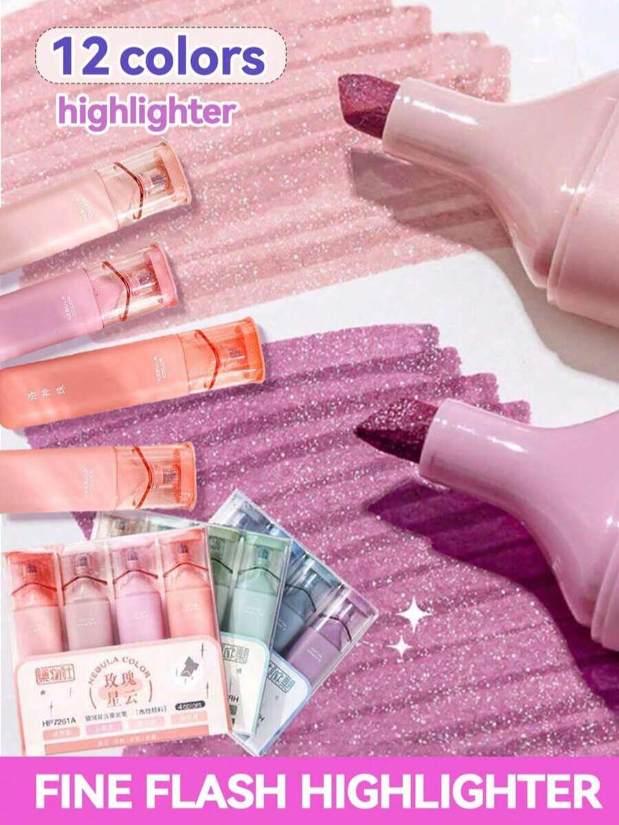 4pcs Set Bright White Soft Fluorescent Highlighter Pens, Vivid Colors, Sharp Tips, Made With High-Quality Glitter Ink, Suitable For Diary, Painting, Note-Taking And Art Creation; Long-Lasting Office & Study Supplies.