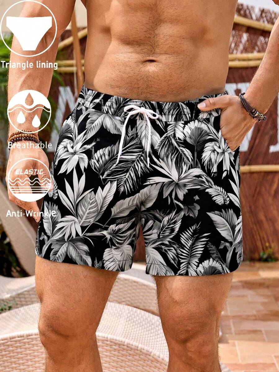 Men's Summer Surf Beach Shorts With Palm Tree Pattern, Adjustable Waist Swim Trunks