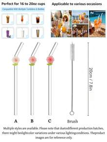 1/2PCS Reusable Curved Flower Glass Straw Set,For Smoothies, Cocktails, Bubble Tea, Soda, Summer Drinks, Pool Parties, Beach. Great Gift For Christmas, Birthday, Graduation, Back To School, Valentine's Day. Kitchen Essential, Photo Prop. - Clear - View 9