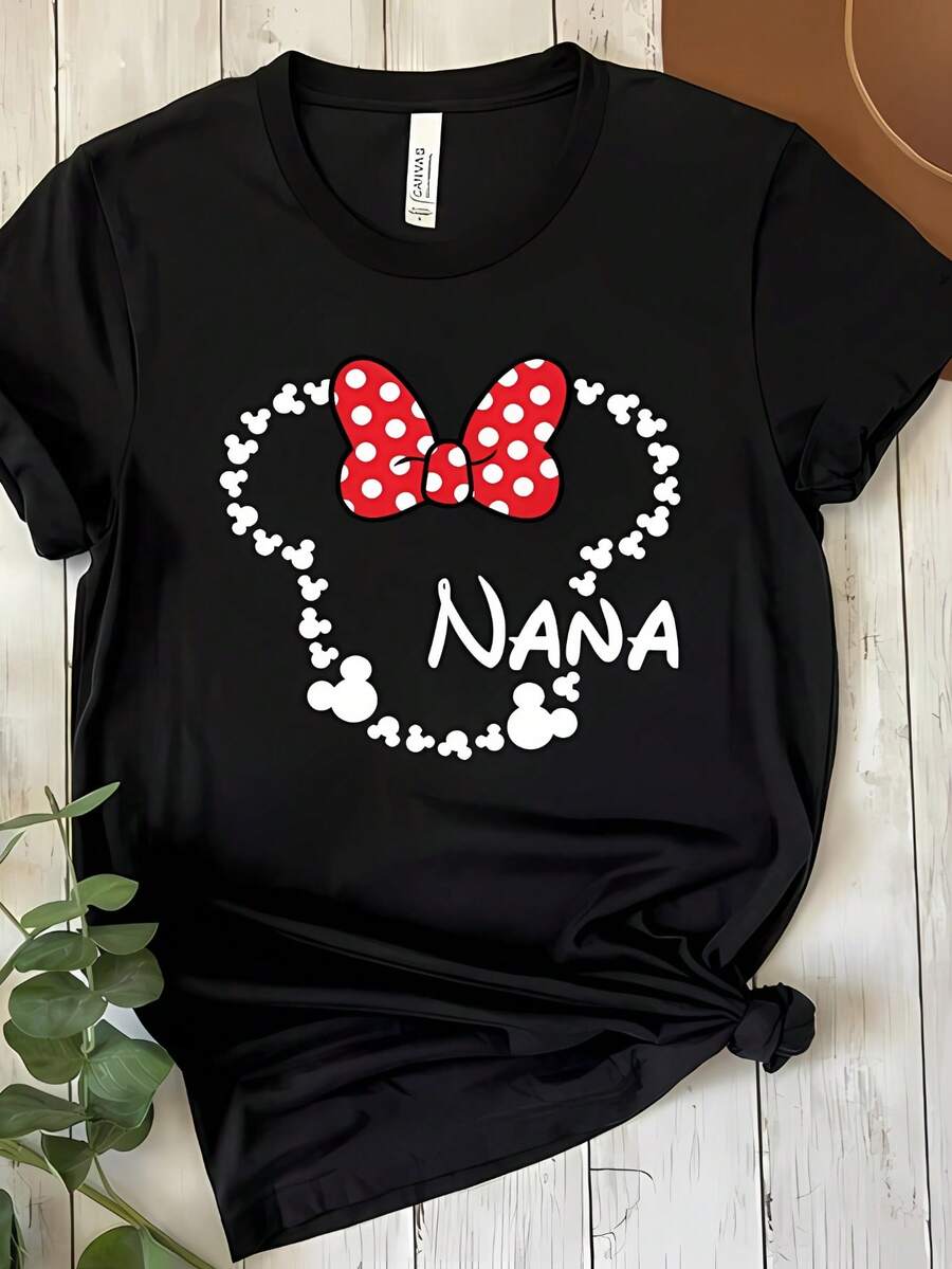 Disney Minnie Mouse Nana Graphic T-Shirt For Women, Breathable Cotton Crew Neck Tee, Casual Summer Tops De Mujer, Theme Park Vacation Outfits Women, Soft Summer Outfits For Women, Red Polka Dot Bow Print Short Sleeve Tops - Black - View 1