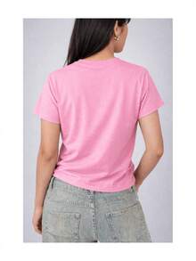 Camiseta de mujer amarilla con estampado floral minimalista, suave al tacto, manga corta, cuello redondo, ideal para primavera, verano, casual, diaria y cómoda - Rosa - Ver 3