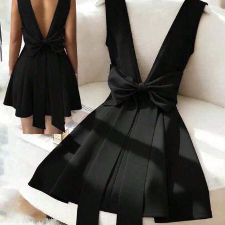guangzhougaolangshangmao Nuevo vestido elegante y sexy con escote en V, espalda descubierta y ajustado con lazo en la cintura, color burdeos, estilo europeo de lujo, adecuado para el Día de la Independencia y vacaciones - Negro01 - Ver 1