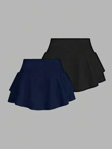 2 piezas Falda pantalón deportiva minimalista de unicolor para uso casual y diario de mujer, faldas cortas de verano, conjunto de 2 faldas pantalón, faldas de tenis para mujer - Azul marino - Ver 2
