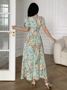 Vestido de mujer de ajuste ceñido con cuello cruzado, botones de perlas y mangas abullonadas - Multicolor 2 - Ver 2
