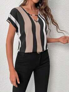 Blusa de mujer con detalles de rayas de contraste y calados, top de manga corta - Albaricoque - Ver 5
