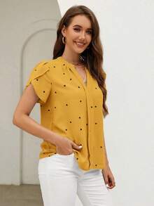 Blusa de mujer de escote en V con estampado de corazón y mangas con volantes para el verano y la playa - Amarillo - Ver 4