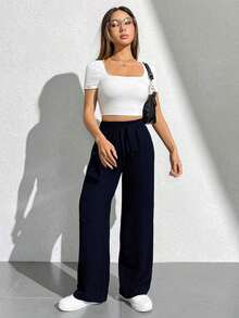 PETITE Pantalones anchos largos para mujeres, en unicolor, cintura alta con cinturón para un estilo suelto - Azul marino - Ver 4