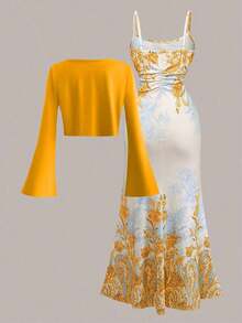 Look romántico y femenino: conjunto de dos piezas formado por cárdigan de punto de manga acampanada en tono sólido y vestido ceñido con flores, perfecto para celebrar San Valentín o lucir en eventos de primavera y verano - Naranja Quemada - Ver 4