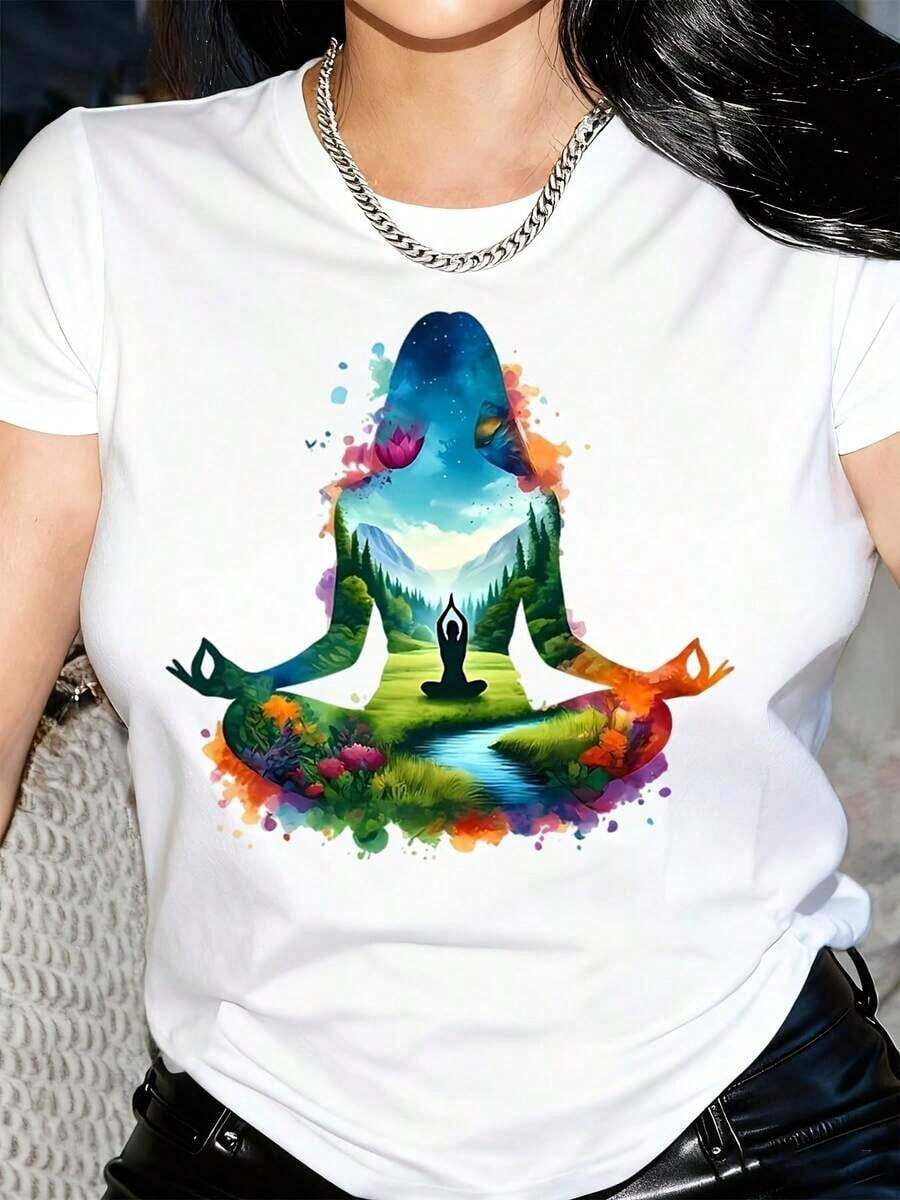 1 Piece Women's Graphic T-Shirt - Soft, Breathable, Loose Fit, Short Sleeve, Round Neck, With Vibrant Mountain And Cloud Design, Machine Washable, Summer Casual Wear, Cotton T-Shirt With Yoga-Inspired Design. - 白色 - 查看 1