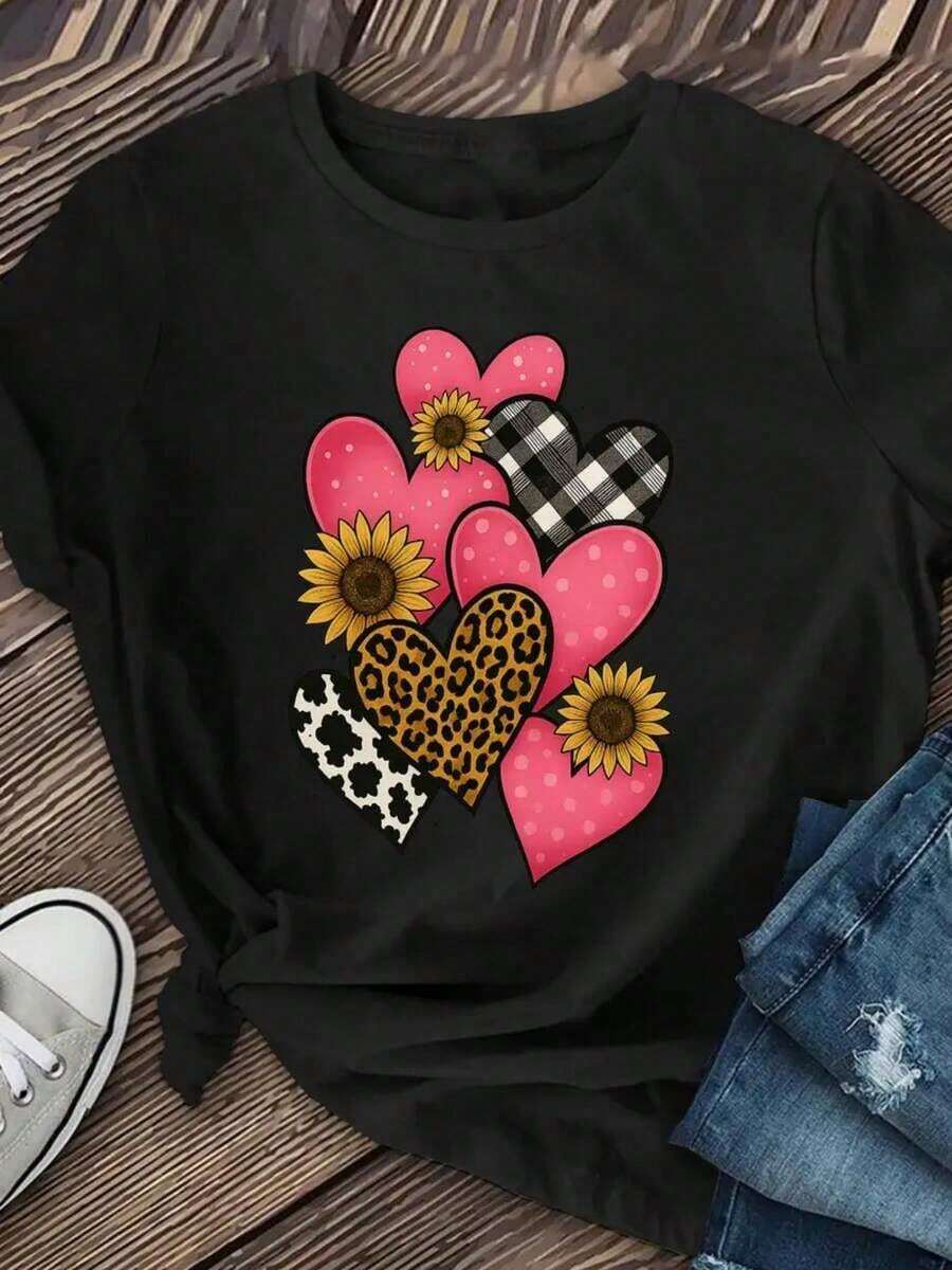 Women's Thick Cotton T-Shirt With Colorful Heart Print - Casual Short Sleeve Crew Neck T-Shirt With Heart, Plaid, Polka Dot, Checkered And Animal Prints (Cow, Leopard, Sunflower) For Spring, Summer And Autumn, Ideal For Valentine's Day, Washable And Comfortable T-Shirt. Soft Classic Fit T-Shirt For Everyday Wear, Breathable And Comfortable. - 黑色 - 查看 1