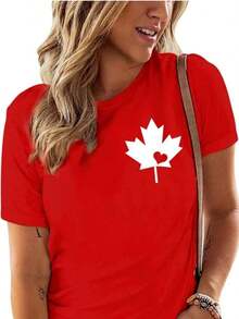 Women's Casual Cotton T-Shirt With Canadian Flag And Heart Print, Short Sleeve, Round Neck, Drop Shoulder, Cute Summer Garment With Slightly Stretchy Fabric - 紅色 - 查看 4