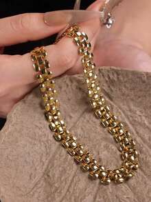 RAYQUEEN New Stainless Steel Hip Hop Geometric Chain Necklace & Bracelet Set, Suitable For Daily Wear And Gift - Yellow Gold - View 9