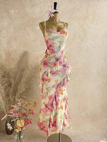 Vestido de verano/primavera casual para vacaciones, boda en la playa, invitado de boda, graduación, brunch, elegante vestido bohemio tropical con volantes, voluminoso, estampado de leopardo, diseño espalda descubierta - Multicolor 2 - Ver 6