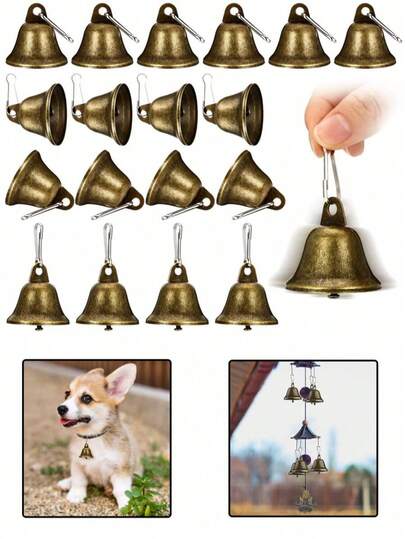 15pcs/Set Pet Collar Accessories, Suitable For Handmade, Vintage Style Pet Collar With Spring Hook Small Bronze Bell, Great For Dog Collar, Pet Charms, Wedding, DIY Decor And Home Decoration, Can Be Hung On Doorknob, Tree, Door, Window, Etc.