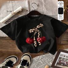 Cherry Print T-Shirt, 100% Casual Short Sleeve Round Neck Top, Casual Top For Women's Summer And Spring Clothing - 黑色 - 查看 1