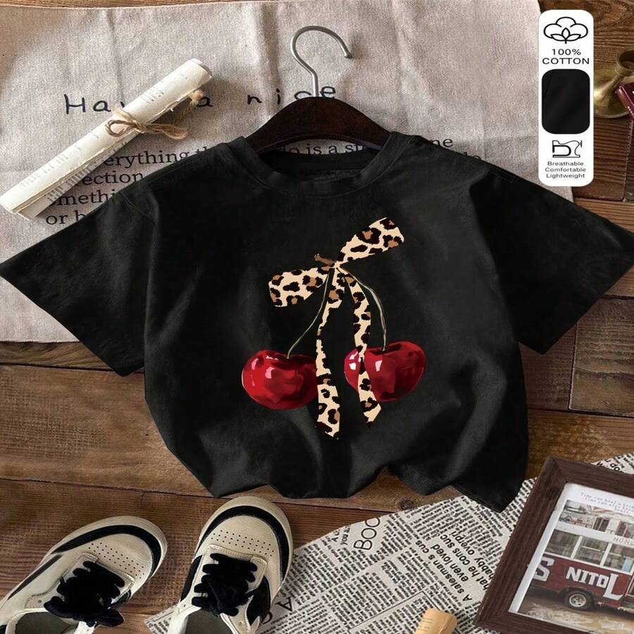 Cherry Print T-Shirt, 100% Casual Short Sleeve Round Neck Top, Casual Top For Women's Summer And Spring Clothing - 黑色 - 查看 1