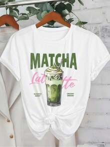 Ropa de mujer: Camiseta blanca con estampado Matcha Latte, camisa, top blanco, camiseta estampada, camiseta casual de cuello redondo, lavable a máquina, adecuada para el Día de San Valentín, primavera, verano, otoño y otras ocasiones. - Blanco - Ver 1