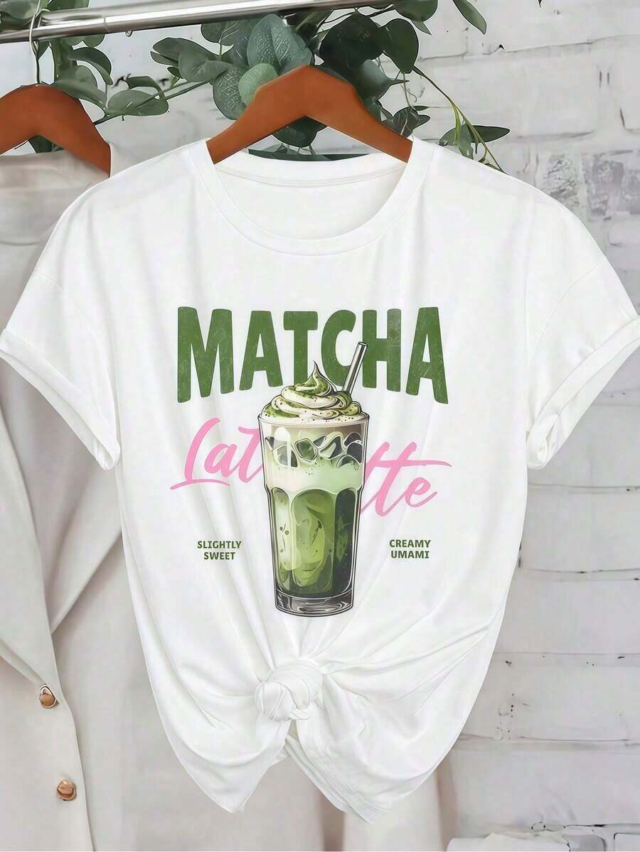 Ropa de mujer: Camiseta blanca con estampado Matcha Latte, camisa, top blanco, camiseta estampada, camiseta casual de cuello redondo, lavable a máquina, adecuada para el Día de San Valentín, primavera, verano, otoño y otras ocasiones. - Blanco - Ver 1