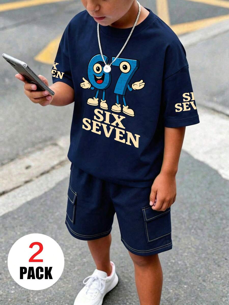 2pcs/Set Setelan Lengan Pendek Modis untuk Anak Laki-Laki Remaja, Dicetak dengan Motif "SIX SEVEN" Angka 67, Desain Leher Bulat Lengan Pendek, Cocok untuk Pakaian Kasual Sehari-hari - Navy Blue - View 1