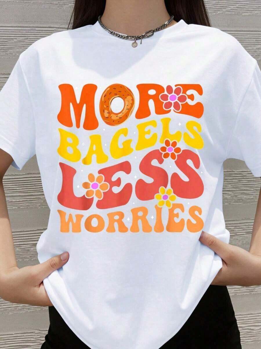 More Bagels, Less Worry - Funny T-Shirt For Men And Women, Casual T-Shirt With Donut And Flower Graphic Design, Humorous T-Shirt For Everyday Wear, Party Gift, Summer Outfit - 白色 - 查看 1
