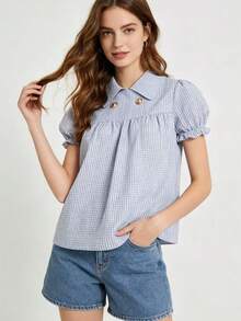 Women's Fashion Plaid Short Sleeve Shirt Summer - Blue - View 5