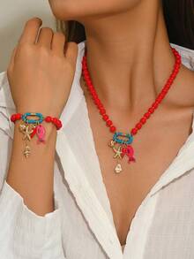 1pc Elegant Fashion Vacation Style Colorful Beaded Alloy Seashell Multi-Element Necklace & Bracelet Set, Suitable For Vacation Wear, Slimming And Elegant - Hot Pink - View 3
