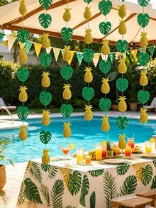 1Set Hawaiian Pineapple Palm Leaves Hanging Gardland,Summer Paper Tropical Leaf Monstera Leaves Decorations,Theme Party Supplies,Suitable For Beach,Pool,Outdoor,Wedding,Birthday,Vocations,For Home,Yards,Bedroom Decor - A - View 2