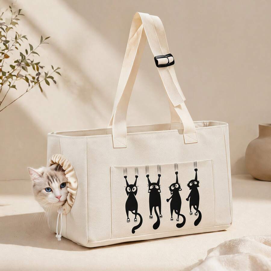1 pieza Bolso de transporte para gatos 2D, con correa ajustable para el hombro, bolsa de viaje transpirable para gatos con abertura con cordón, bolso de lona con estampado de gatos de varios patrones para gatos y perros pequeños - Multicolor - Ver 1