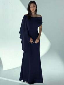 Nuevo vestido de hombros descubiertos con cuello de barco, ajuste ceñido y fluido con detalle de lazo, versátil para cumpleaños, fiesta, cóctel, color verde - Azul - Ver 7