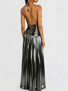 Metallic Pleated Sleeveless Dress With High Straps And A Slit For Parties - Grey - View 2