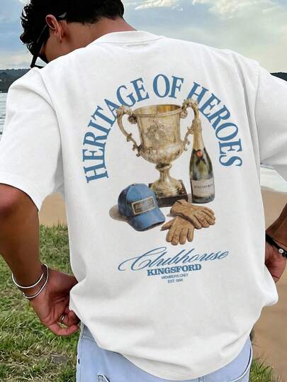  Fractyr Men's Two Sided Print Oversized T-Shirt, "Heritage Of Heroes" Vintage Trophy Graphic Tee, White Washed Streetwear Casual Top, Soft Touch Short Sleeve Crew Neck Shirt For Urban & Retro Racing Style