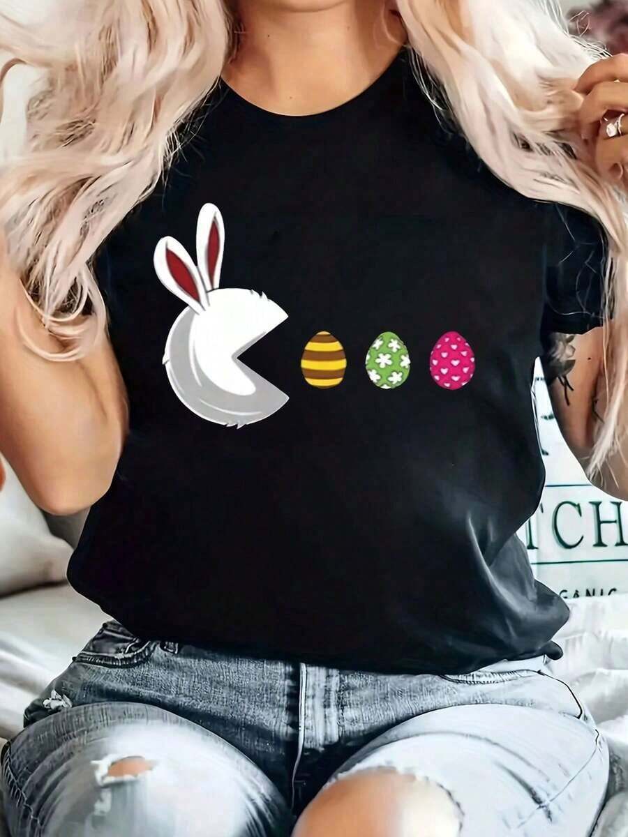 100% Pure Cotton T-Shirt With Easter Bunny And Egg Print, Round Neck, Short Sleeve, Comfortable, For Spring And Summer, Women's Clothing - Black - View 1