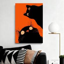 Framed Flat Black Cat Cartoon Canvas Painting on Orange Background, Art Decoration Print, Suitable for Living Room, Bedroom, Cafe, High-End Artwork, Graduation Gift, Wall Decor - Enmarcado - Ver 5