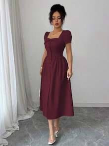 xheElenzga Vestido de manga larga de primavera/verano para mujer con cuello vuelto elegante trapezoidal, botones en la cintura, falda en línea A con pliegues y bajo con aberturaxhe - Granada - Ver 7