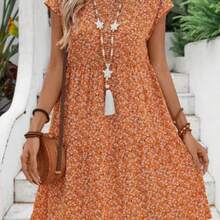 YijiaNvz Faunlyn Vestido midi de mujer de manga corta y manga de murciélago con estampado floral, para verano - Naranja - Ver 1