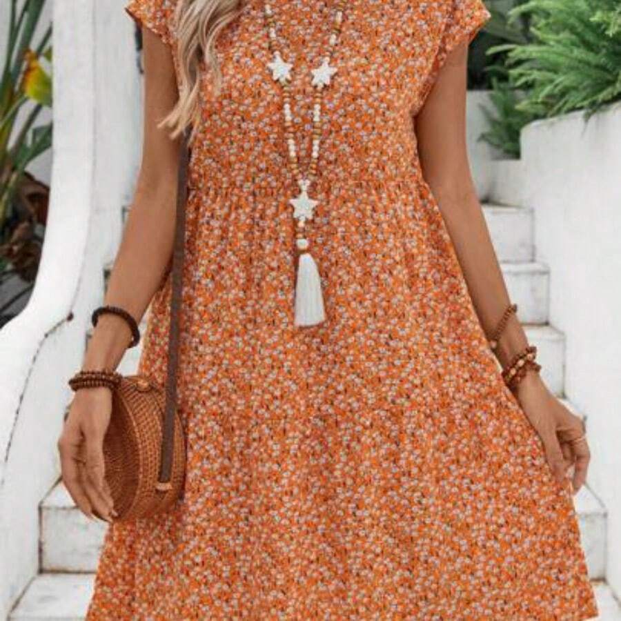 YijiaNvz Faunlyn Vestido midi de mujer de manga corta y manga de murciélago con estampado floral, para verano - Naranja - Ver 1