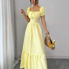 guangzhougaolangshangmao  Nuevo vestido de mujer con textura trenzada de tela arrugada, mangas abullonadas, nudo delantero, espalda descubierta, cintura ceñida. Favorecedora, elegante, adecuada para vacaciones, citas casuales, joven y refinada - Rosa Fucsia - Ver 8