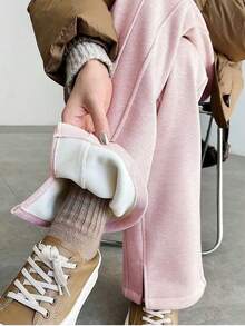 YI XUAN Pantalones anchos con forro térmico para mujer, pantalones rectos casuales térmicos de plátano cálidos para invierno - Rosa Pálido - Ver 4