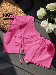 Conjunto casual de 2 piezas de top corto sin mangas con cordones delanteros y shorts para mujer en beige - Rosa Fucsia - Ver 1