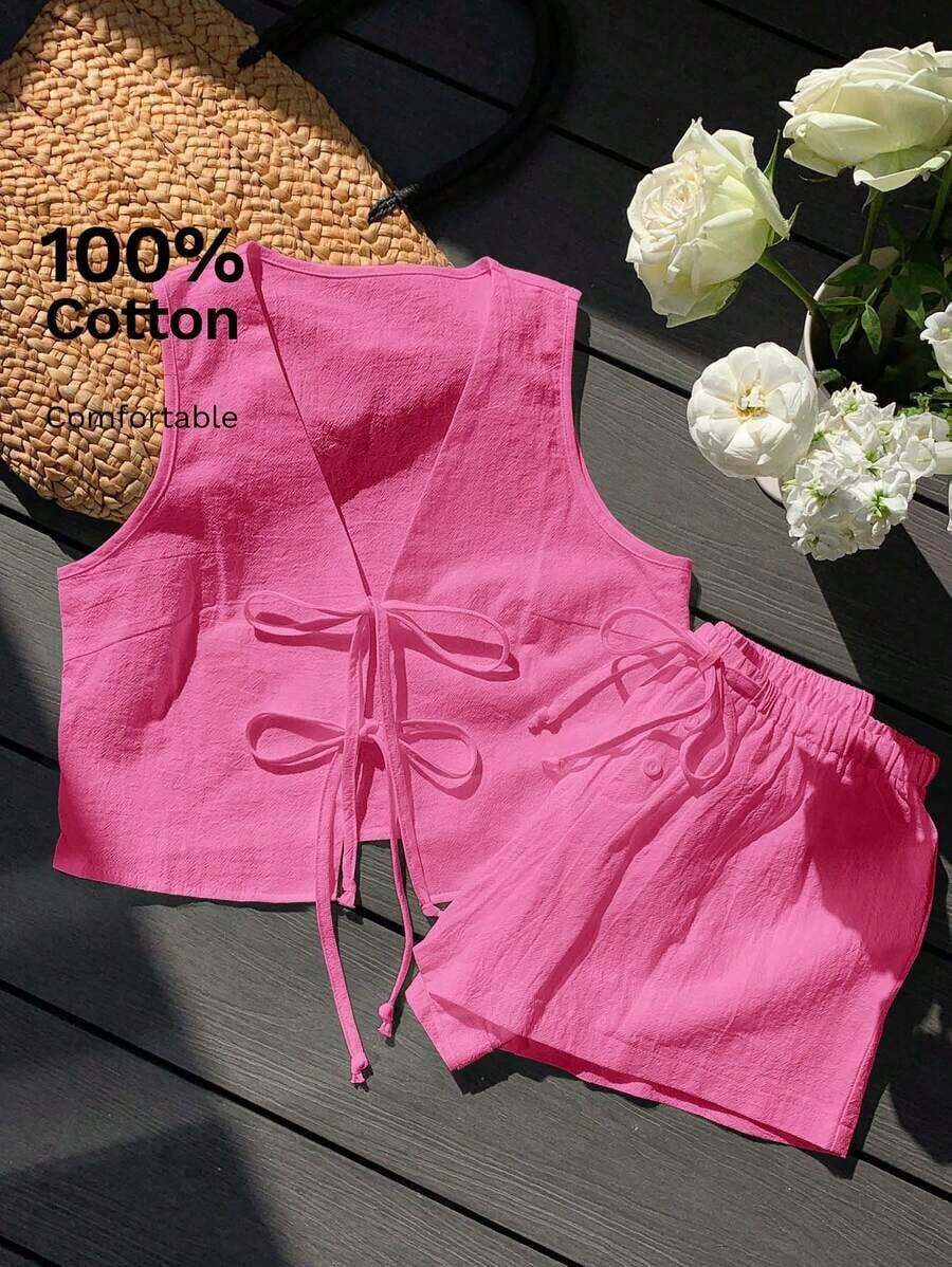 Conjunto casual de 2 piezas de top corto sin mangas con cordones delanteros y shorts para mujer en beige - Rosa Fucsia - Ver 1