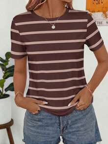 Frenchy Camiseta de manga corta holgada con cuello redondo, estilo asimétrico a rayas, minimalista y casual, versátil, adecuada para primavera/verano y temporada deportiva - Multicolor 13 - Ver 4