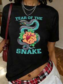Camiseta con Estampado Floral del Zodíaco del Año de la Serpiente, Manga Corta, Cuello Redondo, Top Casual para Verano y Primavera, Ropa de Tallas Grandes para Mujer - Negro - Ver 7