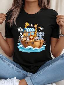 Camiseta Casual de Vacaciones para Mujer, Camiseta de Manga Corta con Cuello Redondo para Mujer, Estampado de Dibujos Animados de Animales del Arca de Noé, Ropa Casual, Colores Brillantes, Lindos Patrones de Animales a Bordo, Adecuada para Uso Diario en Primavera y Verano. - Negro - Ver 7