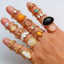 Juego de 15 anillos de mujer con formas geométricas, estilo mixto elegante y de lujo, anillos de dedo de varias piezas para fiesta, boda, uso diario, regalo de joyería de moda, envío aleatorio - 15 anillos punk al azar - Ver 9