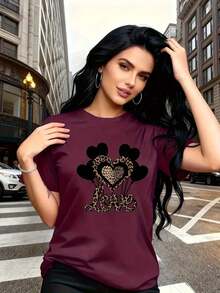 La salvajedad y la delicadeza coexisten, camiseta de mujer de manga corta con estampado de globos en forma de corazón en negro y estampado de leopardo, de moda, cuello redondo simple, casual y versátil, adecuada para viajes de ocio y otras actividades 13419 Transpirable y cómoda. - Figura predeterminada 3 - Ver 10