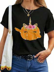 Camiseta de Mujer para Otoño, Invierno, Halloween, con Diseño de Unicornio, Calabaza y Dabbing. Camiseta casual para mujeres. - Negro - Ver 7