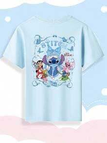 [Authorized] Stitch And Lilo Print Disney Girls' Summer Round Neck Casual T-Shirt For Children, Slightly Stretchy Fabric, Suitable For Birthday Gifts, Perfect For Daily Activities, Sports, And Travel, Summer T-Shirts For Girls - 淺藍色 - 查看 3